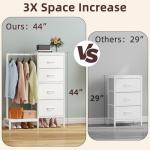 HIGDBFE Dresser with Hanging Rack, 4 Drawers Small Closet for Bedroom, Reversible Fabric Chest of Drawers with Clothes Rack, Tall Storage Tower, Sturdy Frame, White, 44''H