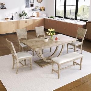 Dining Table Set for 6, Wooden Half Round Kitchen Table Set with Bench and 4 Upholstered Dining Chairs for Kitchen, Dining Room