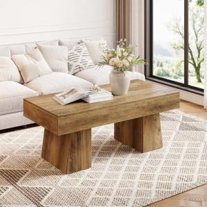 LITTLE TREE Farmhouse Coffee Table, 47 Inches Wooden Rectangular Accent Center Tables with Thick Base, Modern Low Cocktail Tea Furniture for Living Room (Rustic Brown)
