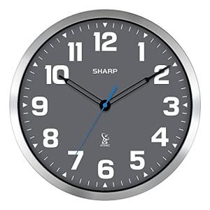 Sharp Atomic Analog Wall Clock - 12" Grey Face, Silver Brushed Finish - Sets Automatically- Battery Operated - Easy to Read - Easy to Use – Modern Design and Style