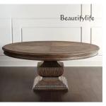 American dining table light luxury solid wood carving round dining table and chair combination French retro old country simple