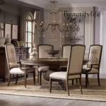 American dining table light luxury solid wood carving round dining table and chair combination French retro old country simple