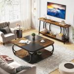 Tribesigns Square Coffee Table with 2 Tiers, 40 inches Low Farmhouse Coffee Table with Wood Storage Shelf Heavy Duty Metal Curved Frame for Modern Living Room, Black Rustic Brown