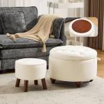 Lorflin 24Inch Round Storage Ottoman, Set of 2, Modern Button Tufted Coffee Table with Removable Top, Upholstered Ottoman with Storage Footrest Stool for Living Room, Bedroom (Beige)