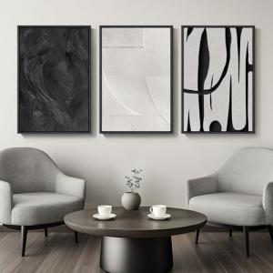Large Framed Black and White Abstract Wall Art for Living Room, 3 Piece Canvas Prints Paintings Artwork for Walls, Modern Minimalist Pictures for Hallway Stair Office Wall Decor -Total Size 30x60 Inch