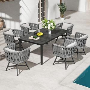7-Piece Outdoor Dining Set , Patio Furniture Set for 6 Swivel Rope Wicker Chairs & 1 Rectangular Dining Faux Woodgrain Table