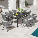 7-Piece Outdoor Dining Set , Patio Furniture Set for 6 Swivel Rope Wicker Chairs & 1 Rectangular Dining Faux Woodgrain Table