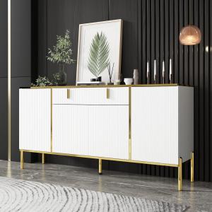 FAMAPY modern credenza sideboard buffet with drawer and pop-up doors, gold metal legs, for living room or hallway.
