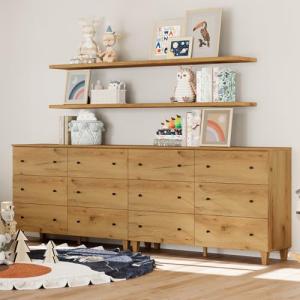 WAMPAT 12 Drawer Wood Dresser for Bedroom, 2-in-1 Extra Wide Chest of Drawers, Modern Storage Organizer Units with Solid Wood Legs for Closet, Living Room, Kids Room, Nursery, Oak Brown, 94.4"