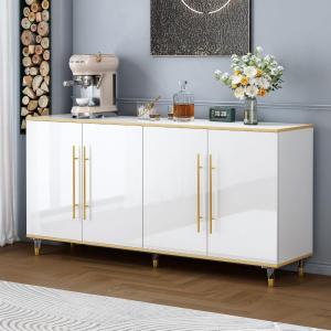 63" Sideboard Buffet Cabinet with Storage, Console Cabinets with Adjustable Shelves & Doors, High Glossy White and Gold Sideboar