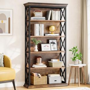Tribesigns 6-Tier Bookcase, 71 Inches Industrial Bookshelves and Bookcases, Floor Standing 5 Shelf Display Storage Shelves Tall Bookcase for Home Office, Living Room, Bed Room, Brown and Black