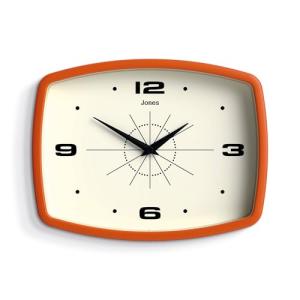 JONES CLOCKS® Movie Wall Clock | Rectangular Retro Clock | 10 inch | Orange | Cool mid-Century Designer Look for Kitchen, Living Room or Office