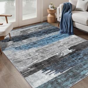Ciicool Modern Abstract Deep Blue Gray Rug for Living Room, 4'x6' Machine Washable Area Rug Non-Slip Rug, Low-Pile Contemporary Indoor Dining Floor Carpet for Bedroom Office Under Table Home Decor