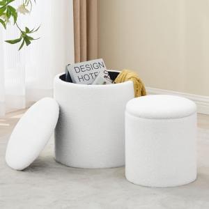 oakvivo Round Set of 2 Ottoman with Storage, Boucle Storage Ottoman Foot Stool, Soft Teddy Upholstered Small Vanity Stool, Ottomans Coffee Table Padded Seat Foot Rest for Living Room Bedroom, White