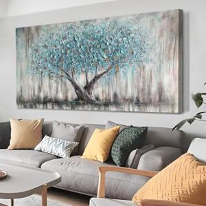 Arjun Tree Wall Art Canvas for Living Room Blue Tree of Life Nature Teal Abstract Textured Painting Picture Modern Panoramic Landscape Artwork Framed Bedroom Home Office Decor, Extra Large 58"x29"