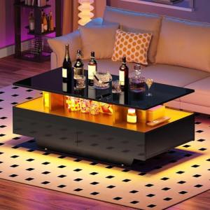 DWVO LED Coffee Table with Storage 4 Drawers, Modern High Glossy Coffee Tables for Living Room, Black Rectangle Coffee Table Small Center Table with Open Display Shelf & Sliding Drawers, Black