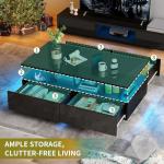 DWVO LED Coffee Table with Storage 4 Drawers, Modern High Glossy Coffee Tables for Living Room, Black Rectangle Coffee Table Small Center Table with Open Display Shelf & Sliding Drawers, Black