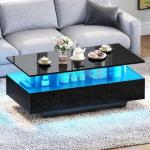 DWVO LED Coffee Table with Storage 4 Drawers, Modern High Glossy Coffee Tables for Living Room, Black Rectangle Coffee Table Small Center Table with Open Display Shelf & Sliding Drawers, Black