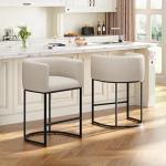 VATROS 26" H Counter Height Bar Stools Set of 3, Modern Barrel Counter Stools with Backrest and Arms, Linen Fabric Upholstered Accent Barstools for Kitchen Island,Support 450 LBS (Beige)