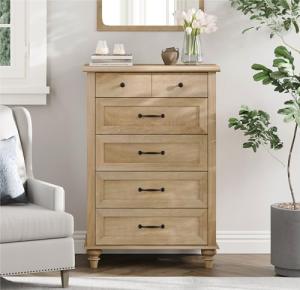 WAMPAT Oak Dresser for Bedroom with 5 Drawers, Tall Kids Dressers with Wide Chest of Drawers, Mid Century Modern Wooden Closet Storage Organizer, Small Dressers for Nursery, Living Room, Hallway