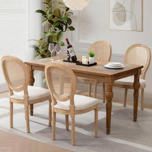 Rattan Back Upholstered Dining Chairs Set of 4 French Country Oval Kitchen Side Chairs with Wood Legs for Dining Room, Kitchen,