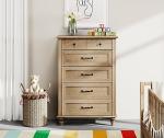 WAMPAT Oak Dresser for Bedroom with 5 Drawers, Tall Kids Dressers with Wide Chest of Drawers, Mid Century Modern Wooden Closet Storage Organizer, Small Dressers for Nursery, Living Room, Hallway