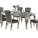 7pc Rect. Glass Dining Table Set w/ Silver Hue & 6 Tufted Side Chairs for Dining Room