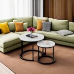 aboxoo Round Nesting Coffee Table Side Table Set of 2 End Tables for Living Room Bedroom Balcony, White Faux Marble Wooden Table Accent Coffee Table with Black Steel Frame