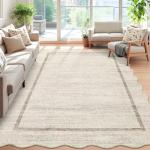 GarveeHome Scalloped Washable Rug 4x6, Beige Boho Living Room Area Rug, Bordered Non-Slip Farmhouse Bedroom Carpet Dorm Room Throw Rug, Low Pile Soft Accent Mat for Kitchen Entry Office 4'x6' Beige