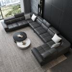 Modern Genuine Leather Black Red Office Home Living Room Furniture U Shape Sofa