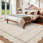 GarveeHome Scalloped Washable Rug 4x6, Beige Boho Living Room Area Rug, Bordered Non-Slip Farmhouse Bedroom Carpet Dorm Room Throw Rug, Low Pile Soft Accent Mat for Kitchen Entry Office 4'x6' Beige