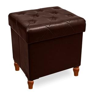 CAROLMADE Folding Storage Ottoman Cube PU Leather Footstool with Wood Legs Ottoman Footrest for Living Room and Bedroom Brown, 15x12.6 x 15.4”