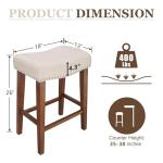 PrimeZone Counter Height Bar Stools Set of 2 - Backless Saddle Barstools with 4.3" Thick Upholstered, Nailhead Trim Linen Fabric & Solid Wood Legs, 26 Inch Counter Stools for Kitchen Island, Beige