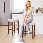 PrimeZone Counter Height Bar Stools Set of 2 - Backless Saddle Barstools with 4.3" Thick Upholstered, Nailhead Trim Linen Fabric & Solid Wood Legs, 26 Inch Counter Stools for Kitchen Island, Beige