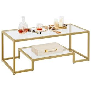 Yaheetech Gold Coffee Table, 42" Rectangular Glass Coffee Table for Living Room, 2-Tier Center Tea Tables with Metal Frame for Small Space, Apartment, Office