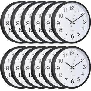 Inbagi 12 Pieces Silent Wall Clock Large 12 Inches Quartz Analog Clock Non Ticking Round Easy to Read Battery Operated for Classroom Office School Kitchen Bedroom Living Room Decorative