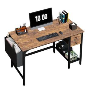 Lufeiya Computer Desk with Drawers - 40 Inch Work Reversible Small Desk for Bedroom Home Office, Simple Study Writing Table PC Desks with Drawer Storage Shelves, Rustic Brown