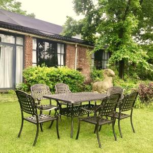 7-Piece Patio Dining Set,All-Weather Cast Aluminum Conversation Set Includes 6 Chairs and 1 Rectangular Table with Umbrella Hole