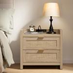 SICOTAS Rattan Nightstand Bedside Table - Night Stand with Type-C Charging Station, 2 Drawers Storage - Boho Night Stands End Table for Bedroom - Light Oak