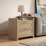 SICOTAS Rattan Nightstand Bedside Table - Night Stand with Type-C Charging Station, 2 Drawers Storage - Boho Night Stands End Table for Bedroom - Light Oak