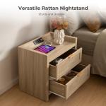 SICOTAS Rattan Nightstand Bedside Table - Night Stand with Type-C Charging Station, 2 Drawers Storage - Boho Night Stands End Table for Bedroom - Light Oak