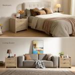 SICOTAS Rattan Nightstand Bedside Table - Night Stand with Type-C Charging Station, 2 Drawers Storage - Boho Night Stands End Table for Bedroom - Light Oak