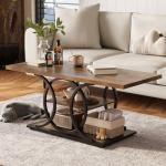 GiftGo Rustic Coffee Table with Storage Industrial 3 Tier Center Living Room Table Farmhouse Wooden Rectangle Cocktail Tea Table for Office Bedroom Elegant Full Moon Round Metal Frame (Brown, L-47)