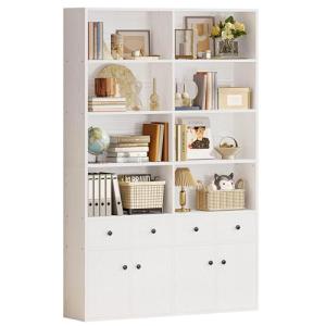 IRONCK 78.7" Bookcase with 4 Drawers and 4 Doors, 6 Tier Large Bookshelf with Storage, Floor Standing Display Storage Shelves, Tall Storage Cabinet for Living Room (Industrial White)