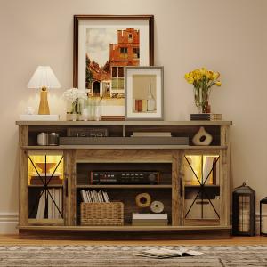 TV Stand up to 70 Inch Entertainment Center with 2 Glass Doors 4 Open Shelves Rustic LED TV Media Console Table for Living Room