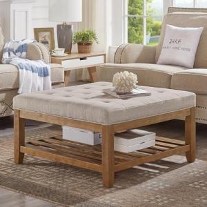 24KF Large Square Upholstered Tufted Linen Ottoman Coffee Table, Large Footrest Ottoman with Solid Wood Shelf-Linen
