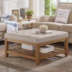 24KF Large Square Upholstered Tufted Linen Ottoman Coffee Table, Large Footrest Ottoman with Solid Wood Shelf-Linen