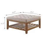 24KF Large Square Upholstered Tufted Linen Ottoman Coffee Table, Large Footrest Ottoman with Solid Wood Shelf-Linen