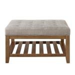24KF Large Square Upholstered Tufted Linen Ottoman Coffee Table, Large Footrest Ottoman with Solid Wood Shelf-Linen