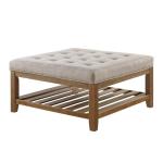 24KF Large Square Upholstered Tufted Linen Ottoman Coffee Table, Large Footrest Ottoman with Solid Wood Shelf-Linen